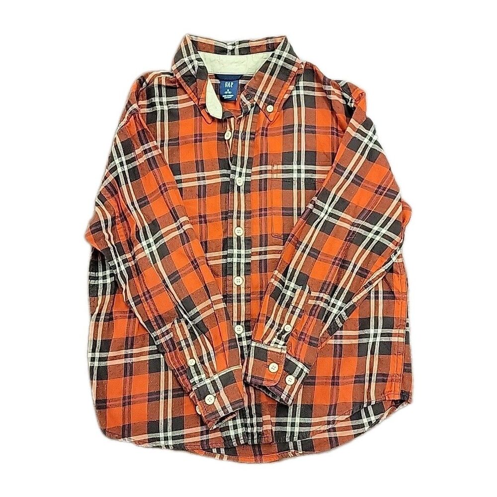 GAP Orange Plaid Collared Button Up  Long Sleeve Kids Shirt Size S (5-6)